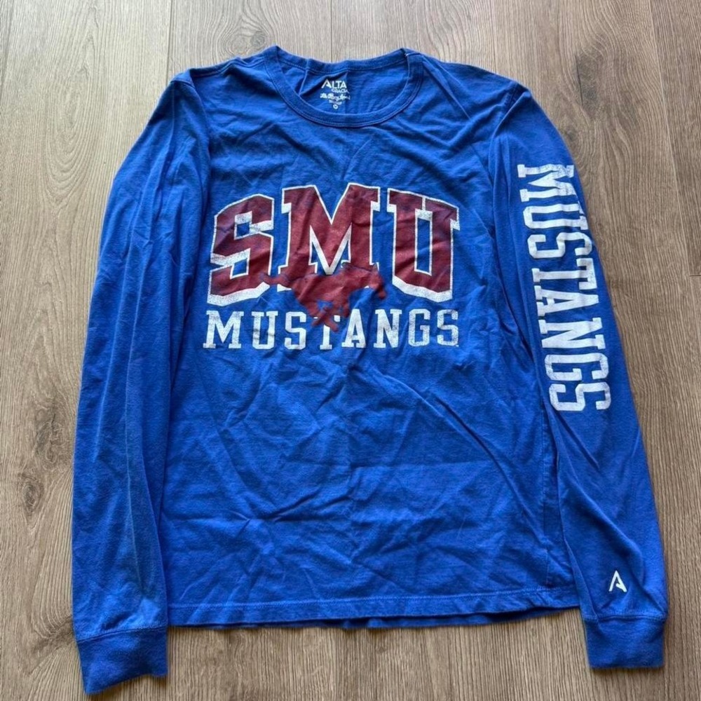 SMU Mustangs Long‎ Sleeve Shirt Blue College Tee Southern University Size M